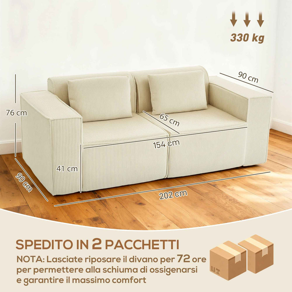 HOMCOM 3-Seater Modular Sofa with Deep Seat, Wide Armrests, and 2 Corduroy Cushions, Beige