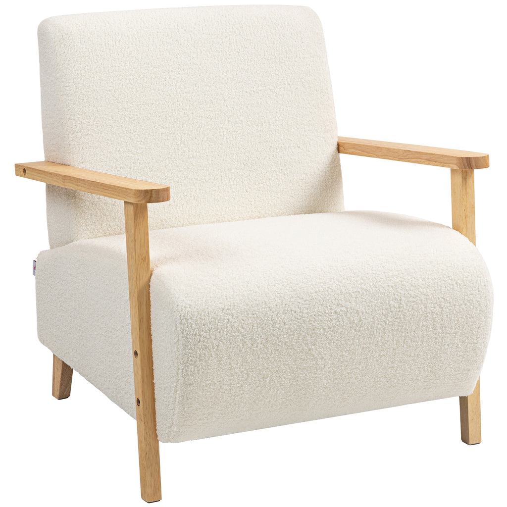 Nordic Style Sherpa Fabric Lounge Chair with Wooden Armrests and Legs, Cream