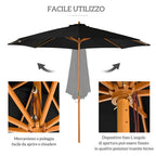Outsunny 3m Garden Umbrella with Wooden Pole, 8 Ribs and Polyester Sunshade, Black