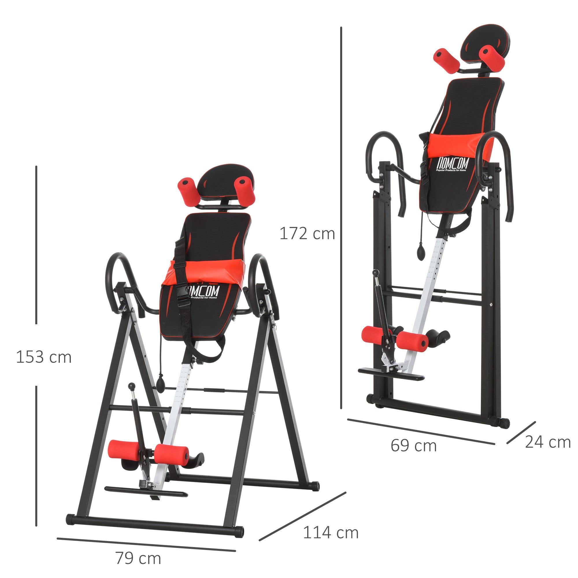 Inversion Bench with Adjustable Angle and Height and Headrest, in Steel and Plastic, 79x114x153 cm, Red and Black