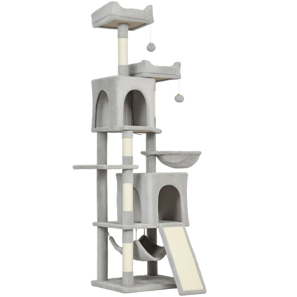 Cat Tree with 2 Cat Houses, 2 Cat Beds, Perch and 2 Balls, 48x40x177 cm, Light Grey and Beige