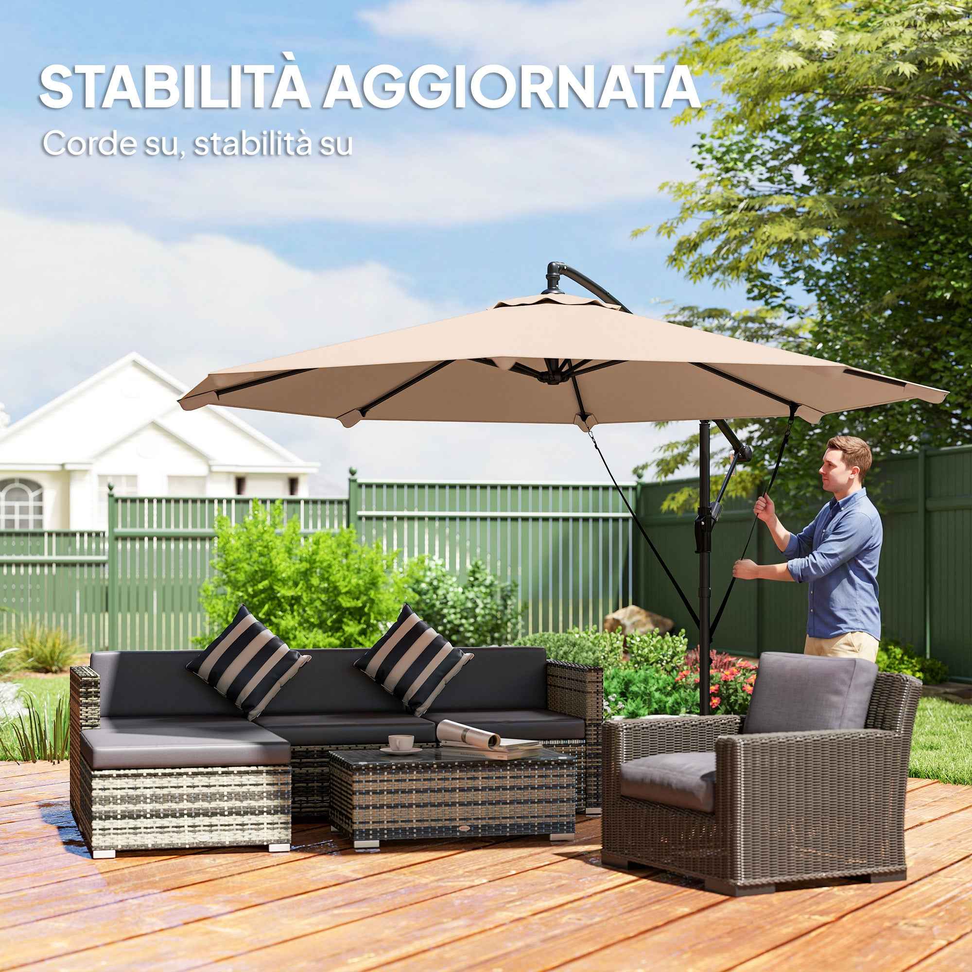 Outsunny 3m Cantilever Umbrella with Cross Base and Crank Handle, in Metal, PP and Polyester, Khaki