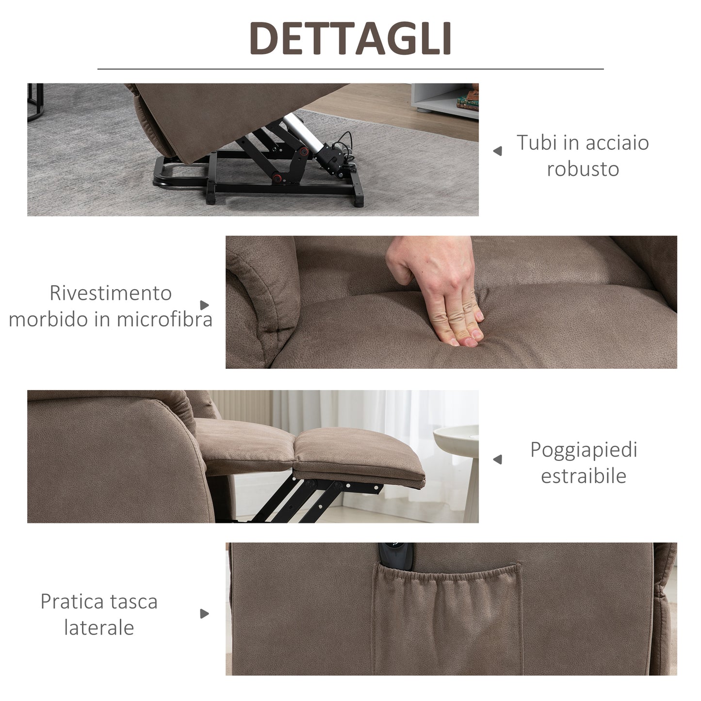 Lift Armchair Reclining 150° max with Remote Control and Footrest, 75x93x110 cm, Brown