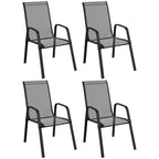 Outsunny Set of 4 Stackable Space-Saving Garden Chairs with Metal Armrests and Mesh Fabric, Black