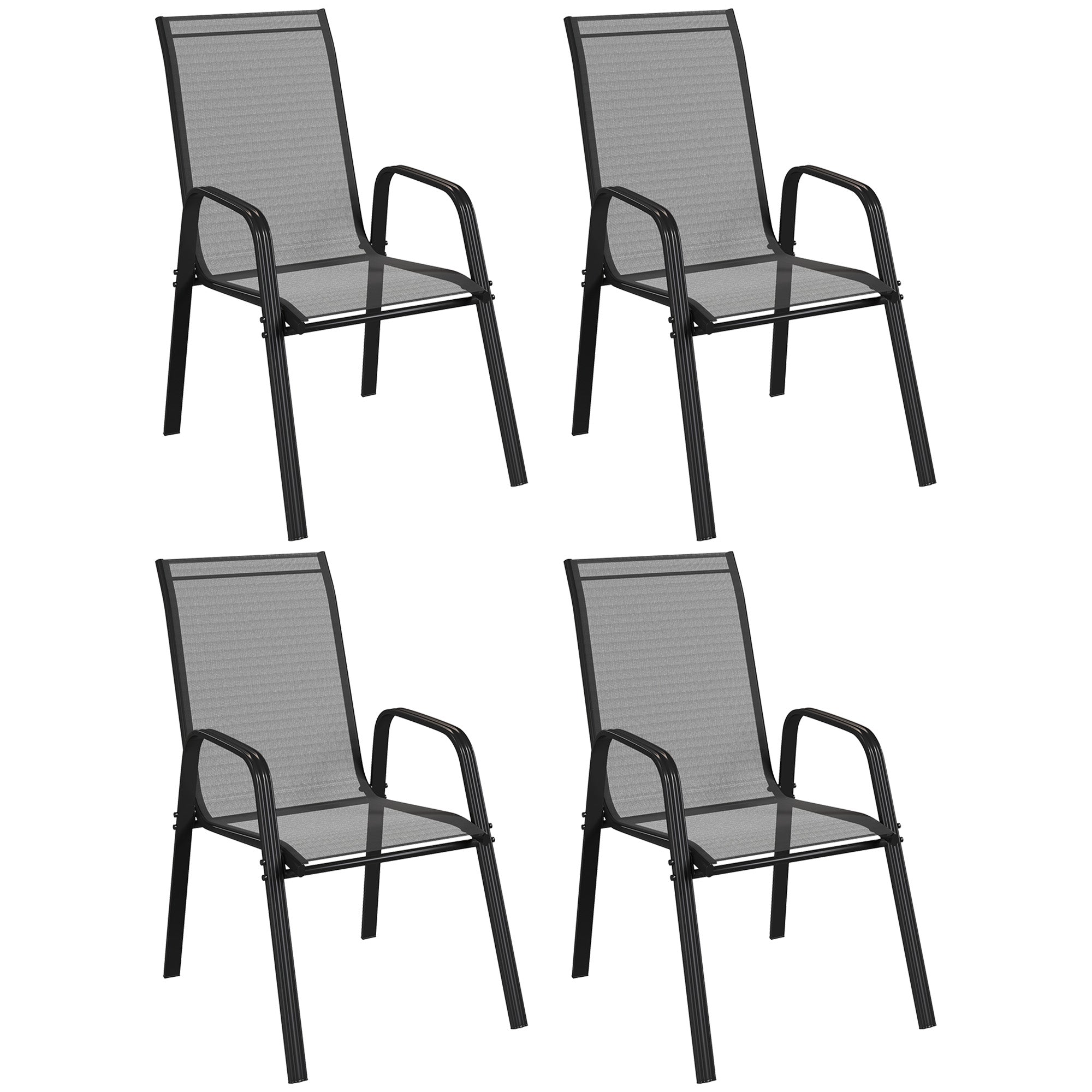 Outsunny Set of 4 Stackable Space-Saving Garden Chairs with Metal Armrests and Mesh Fabric, Black