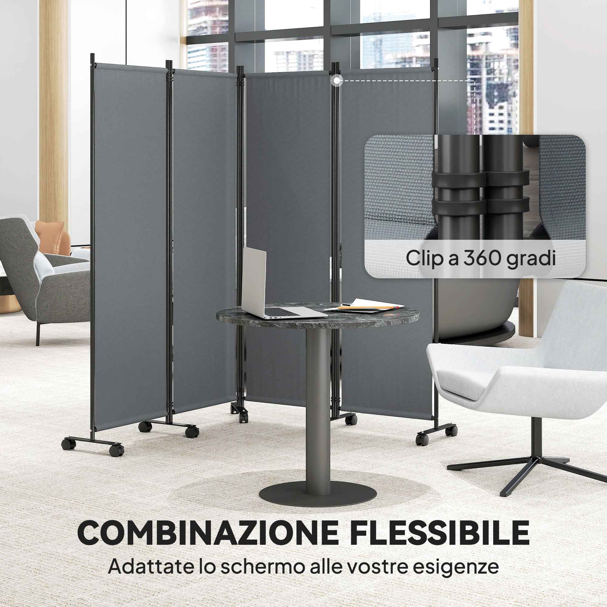 Outsunny 4-Panel Folding Indoor and Outdoor Screen with Wheels, 221 x 50 x 172 cm, Dark Grey