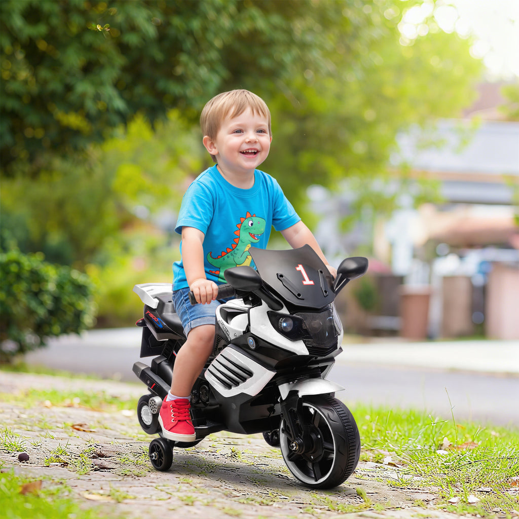 6V Electric Motorcycle for Kids with Removable Training Wheels, Headlights and Music, Ages 18-36 Months, White