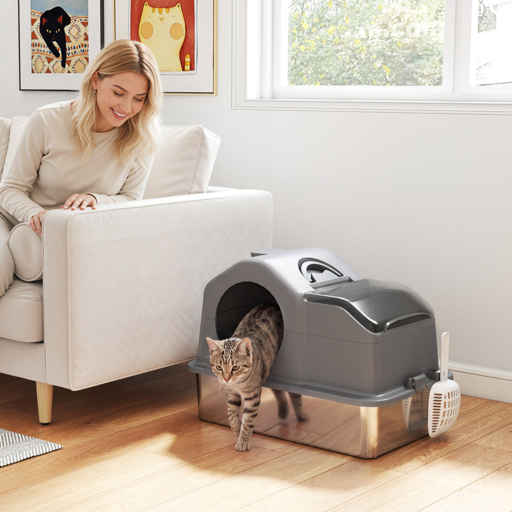 PawHut XL Stainless Steel Enclosed Cat Litter Box with Lid, Scoop, and Collection Mat, Dark Grey