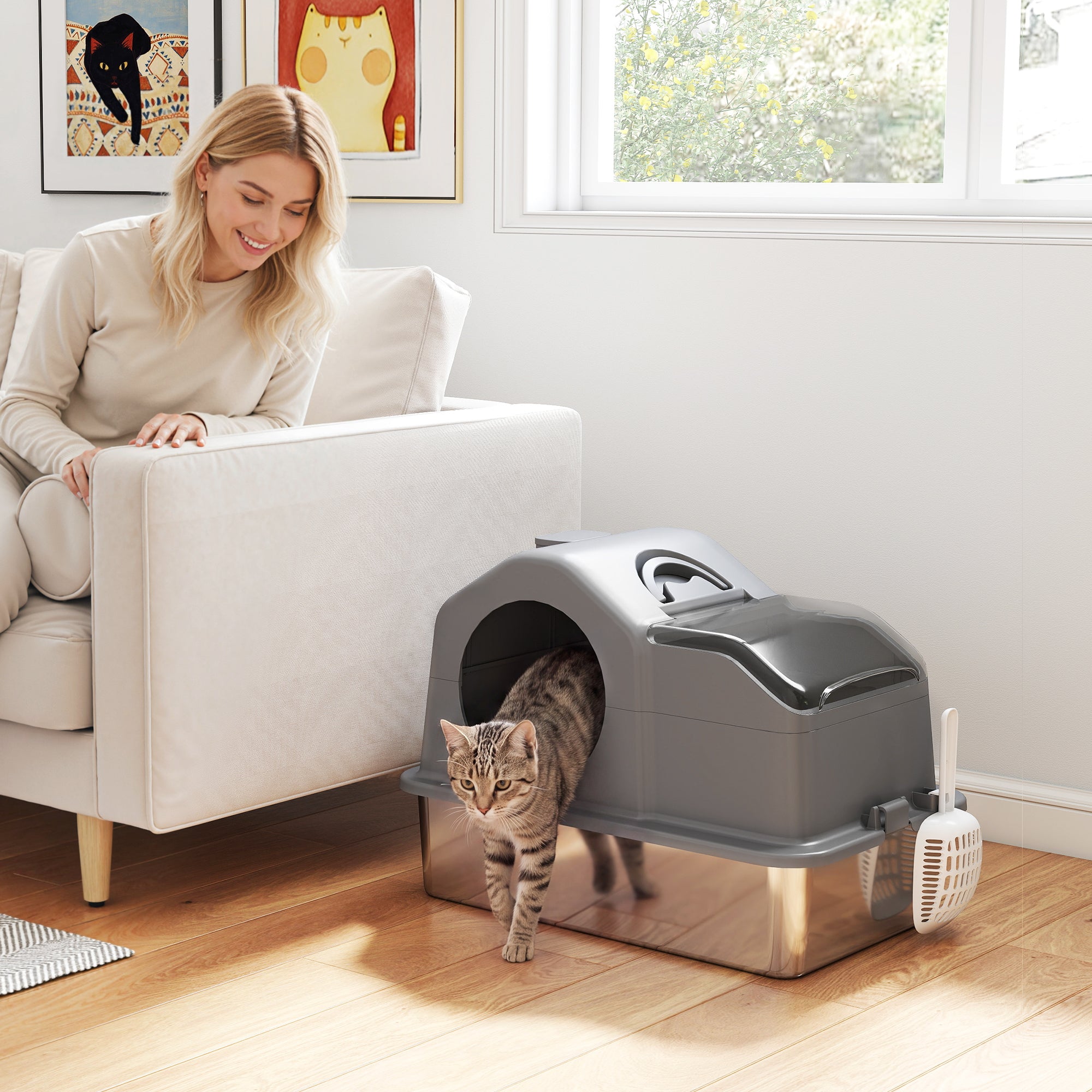 PawHut XL Stainless Steel Enclosed Cat Litter Box with Lid, Scoop, and Collection Mat, Dark Grey