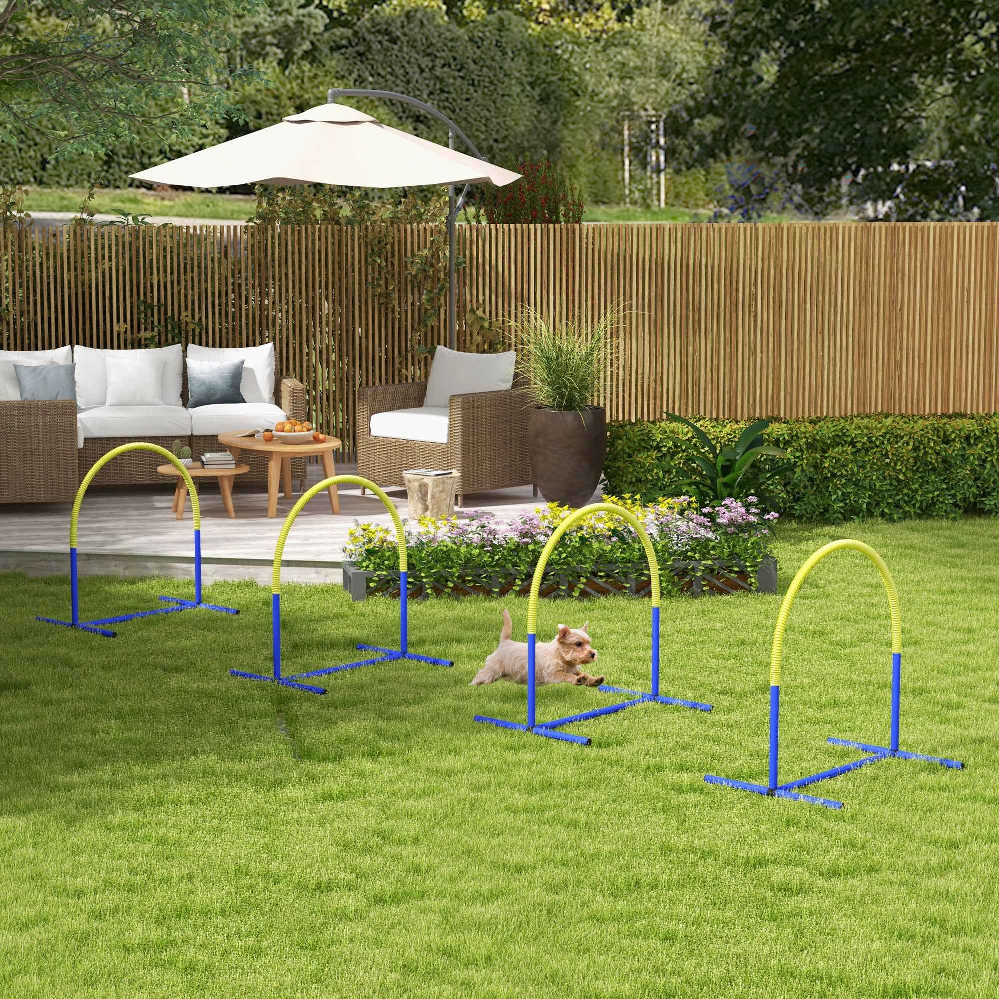PawHut Dog Agility Set with 4 Modular Arches and Carry Bag, 88x64x95 cm, Blue and Yellow
