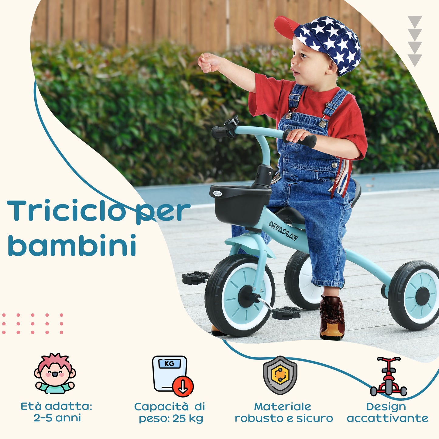 Children's Tricycle for 2-5 Years with Adjustable Seat and Bell, 70.5x50x58cm, Blue