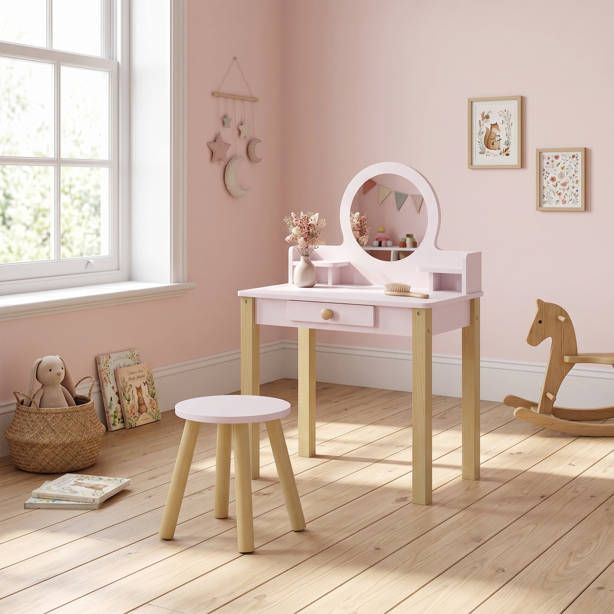 AIYAPLAY Girls' Dressing Table with Stool, Mirror, and Wooden Drawer, Ages 3-6, Pink