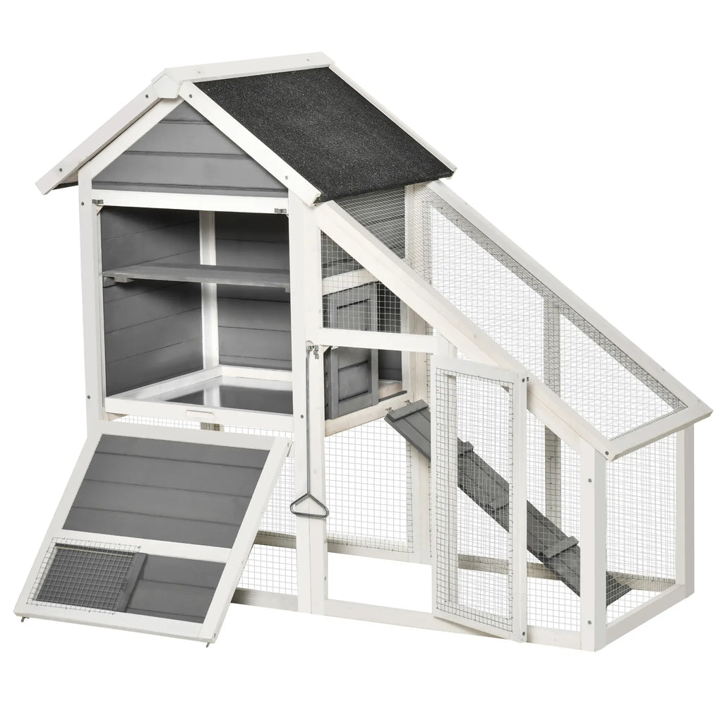 Wooden Rabbit Hutch with Open Area and Ramp, Rabbit Cage with Removable Bottom and Doors, 140x65x120 cm, Grey - Borge' Group Limited