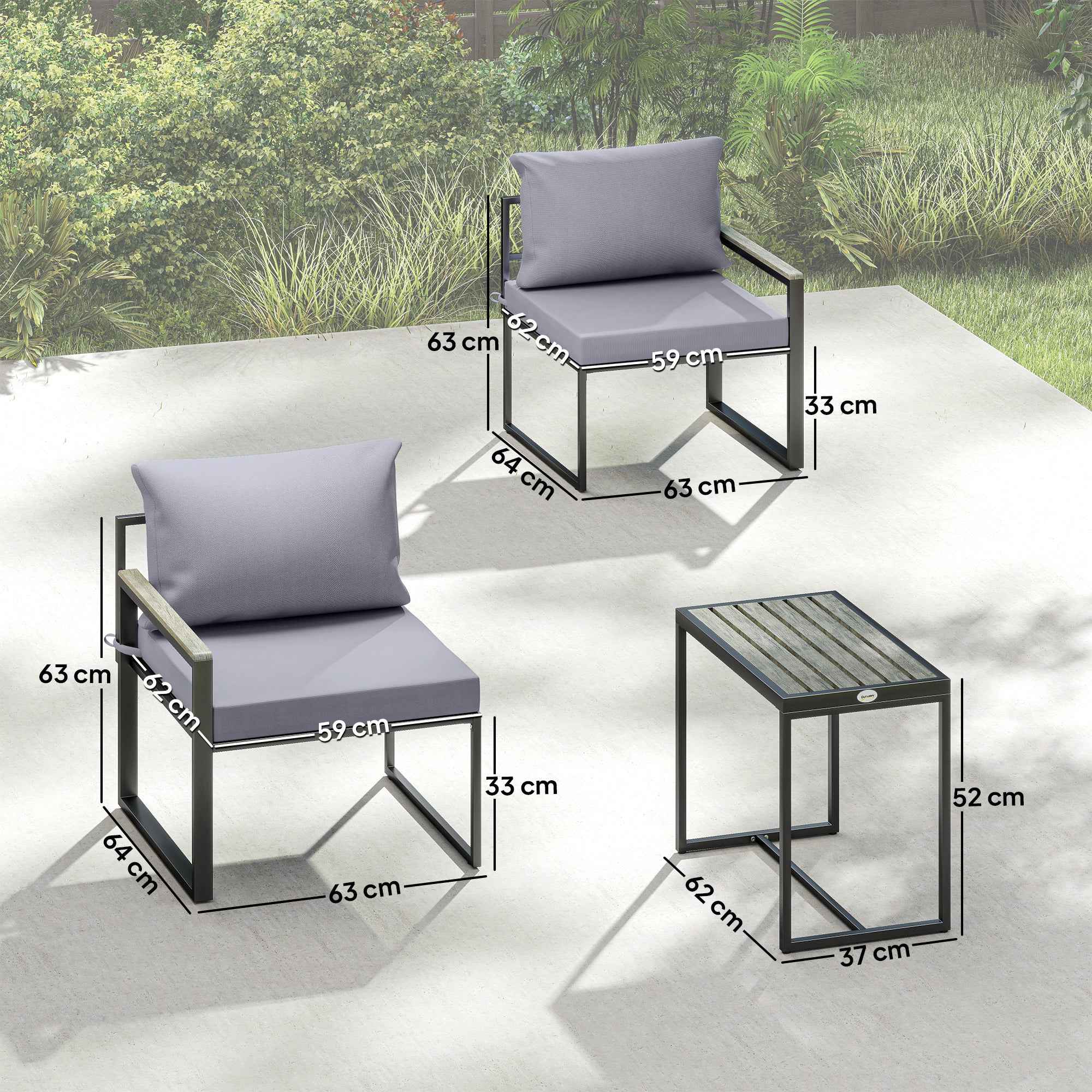Outsunny 3-Piece Outdoor Set with Garden Table and 2 Chairs with Texteline Seat and Cushions, Grey