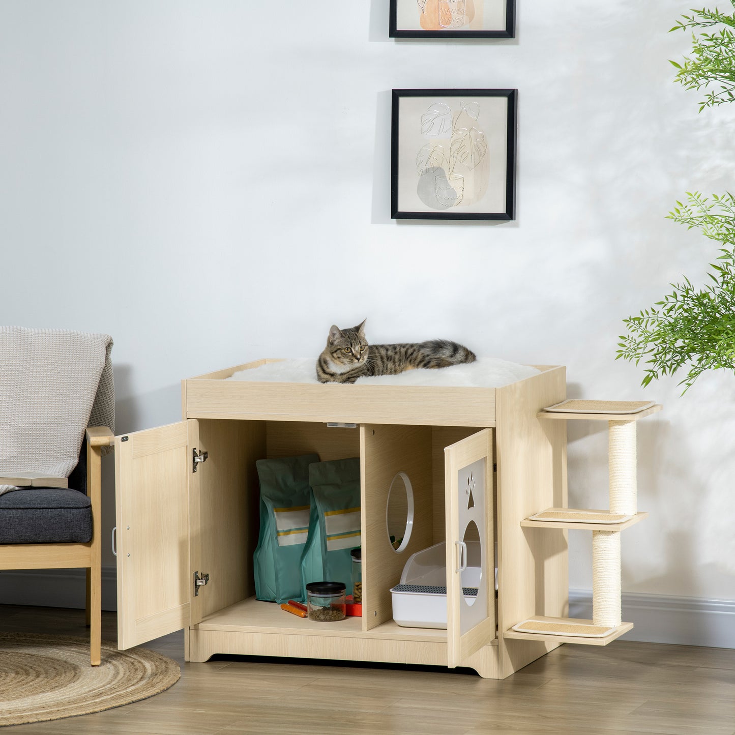 Litter Box Cat House with Storage Space and Scratching Posts, Wooden, 107x54x70 cm