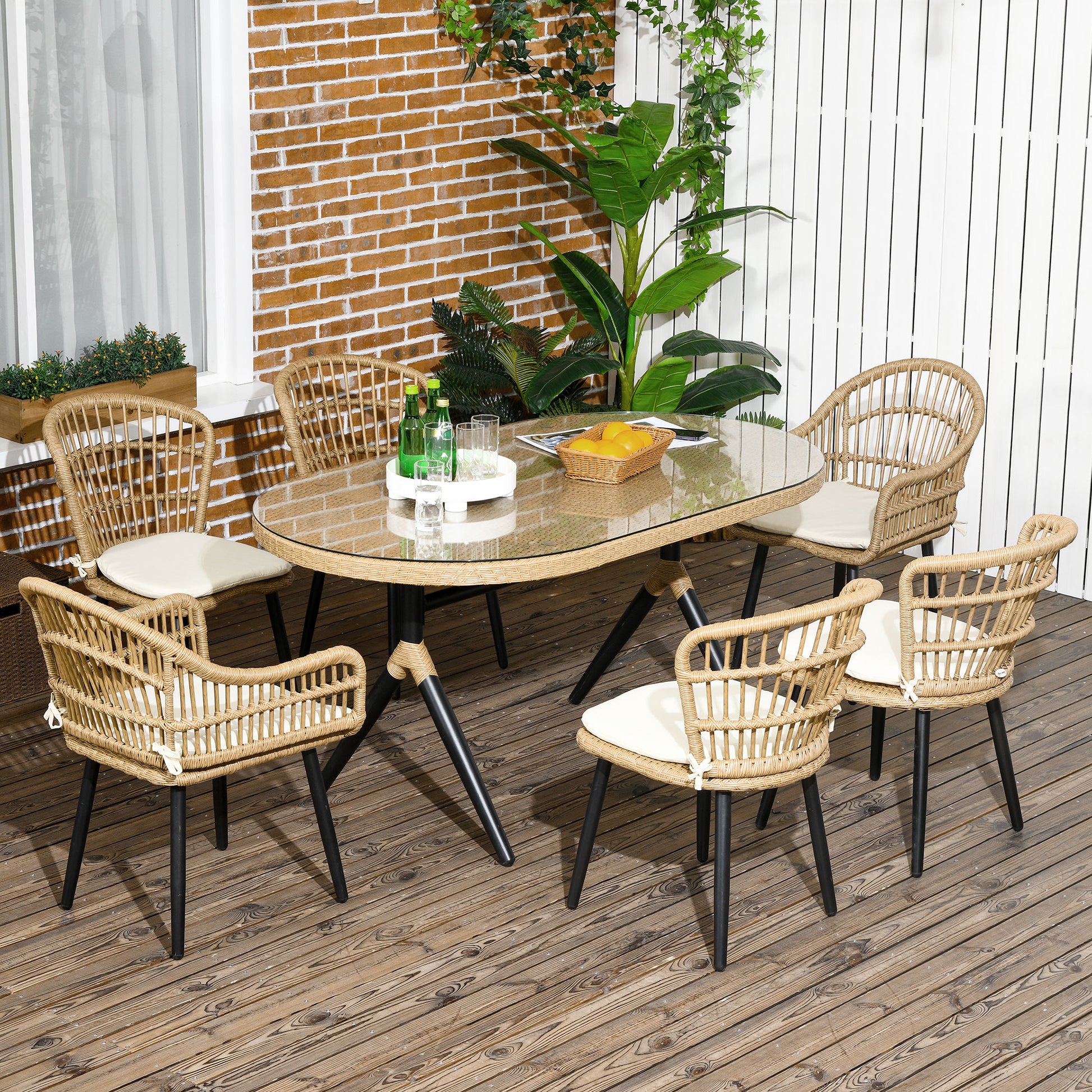 Outdoor Lounge: 7 Piece PE Rattan Garden Set with Dining Table 153x89x74 cm and 6 Chairs 52x62x78 cm with Cushions - Borgè