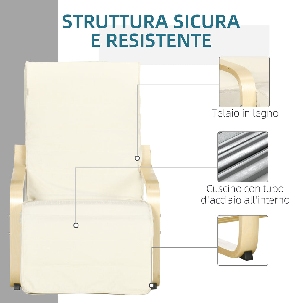 Relaxing Chair with 5-Level Footrest and Headrest, Birch Wood and Fabric, 66.5x94x100 cm, Cream