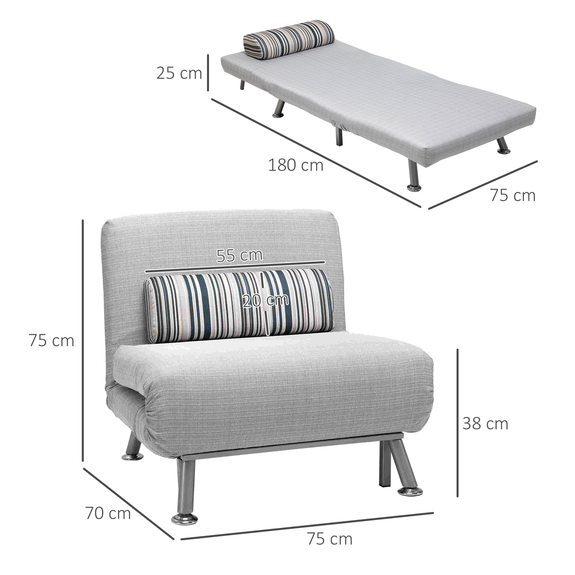 HOMCOM Armchair Bed in Iron and Cotton with Striped Cushion 75 x 70 x 75cm Gray - Borgè