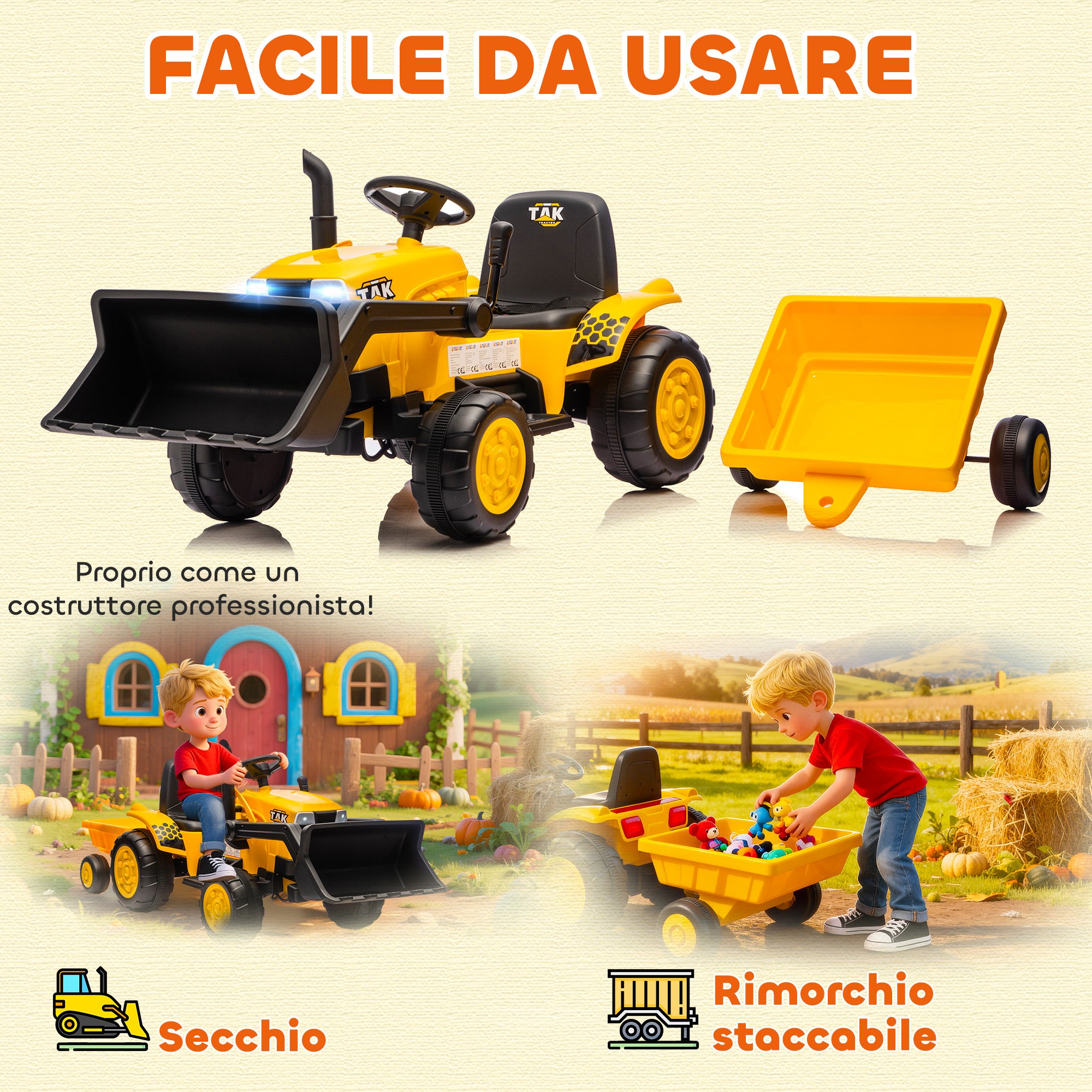 AIYAPLAY 12V Electric Excavator for Kids with Bucket, Trailer and Remote Control, Ages 3-8 Years, Yellow