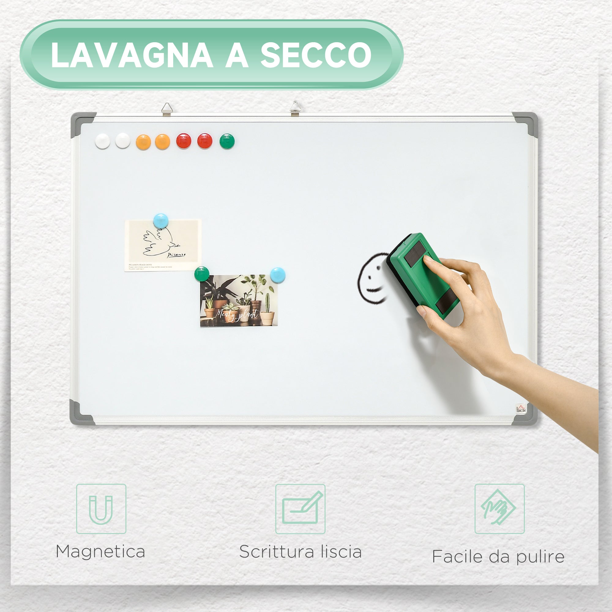 Magnetic Wall Whiteboard with Eraser, Markers and Magnets, in Aluminium, 60x1.8x45 cm, White - Borgè
