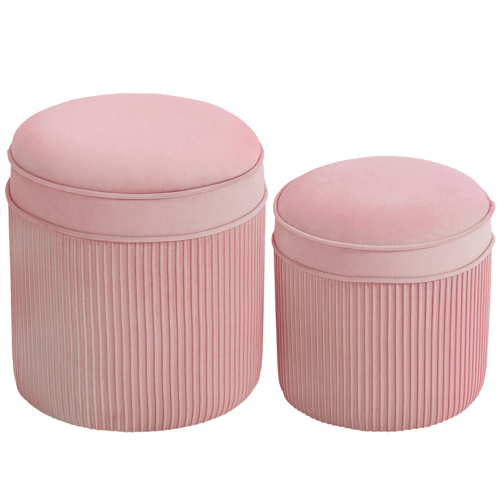 Set of 2 Round Stackable Upholstered Footstools with Velvet Upholstery, 34.8L Storage, Pink