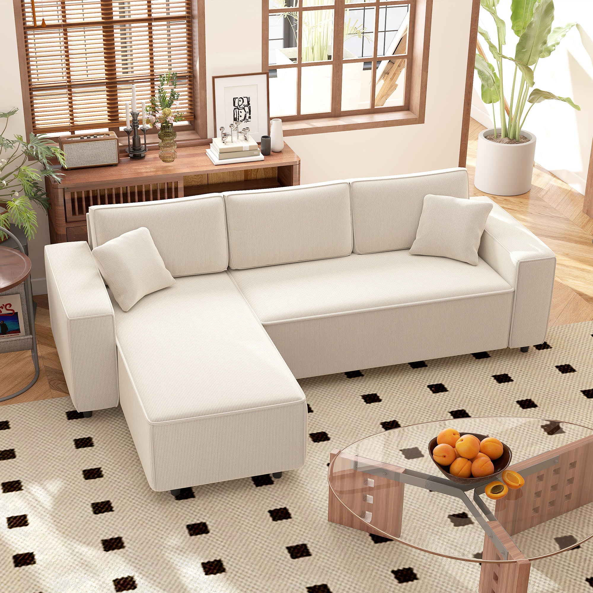 3 Seater Sofa with Peninsula in Velvet Effect Fabric, Foam and Nylon, 241x153x83 cm, Cream White