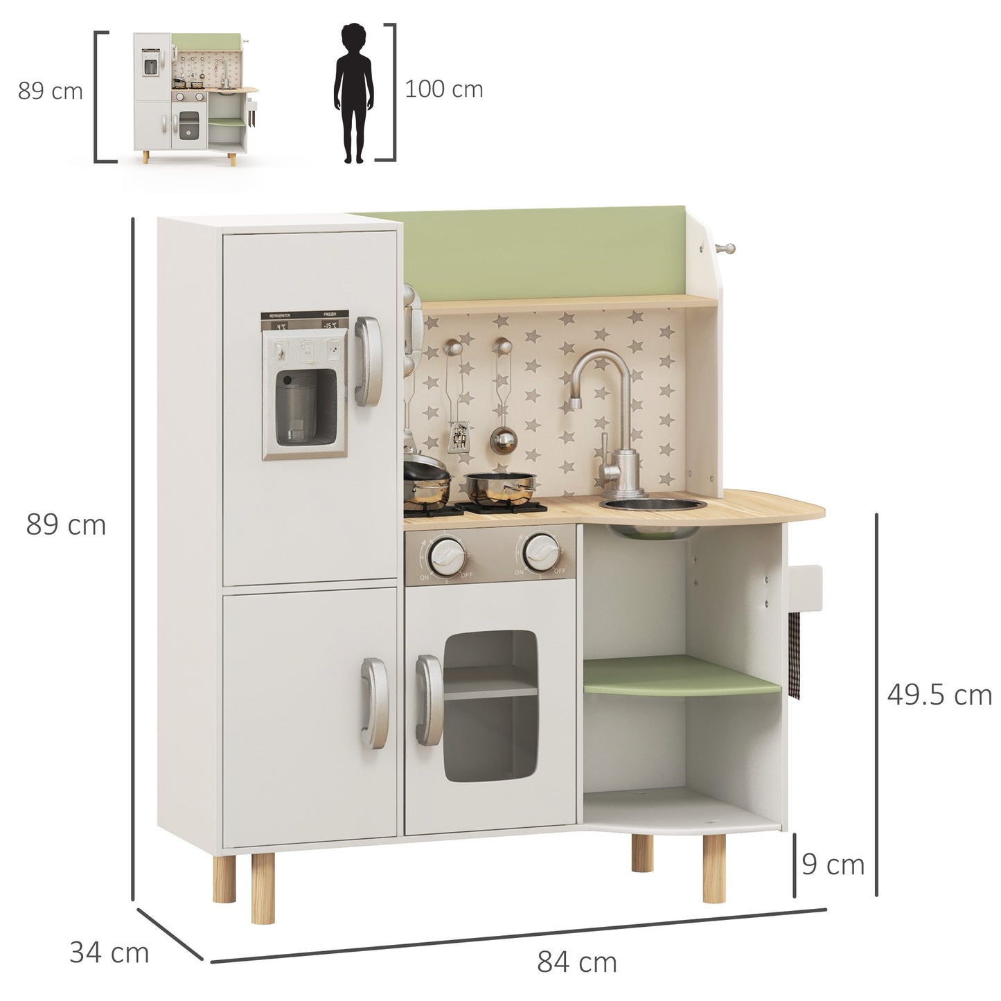 AIYAPLAY Toy Kitchen for Children 3-6 Years with Ice Maker and Utensils, 84x34x89 cm, White and Green