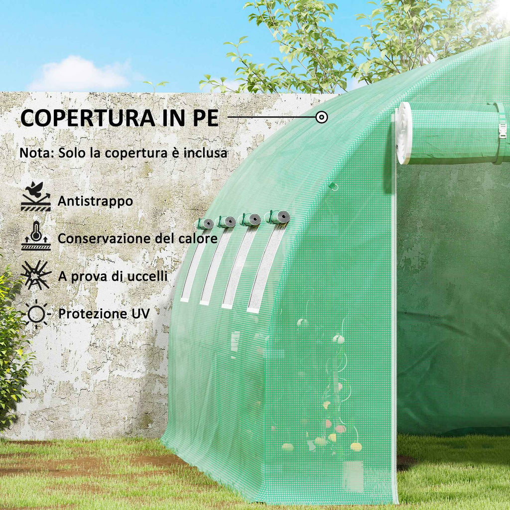 Outsunny PE Greenhouse Cover with 8 Windows, Roll-Up Door and Buried Edges, 4x3x2 m, Green