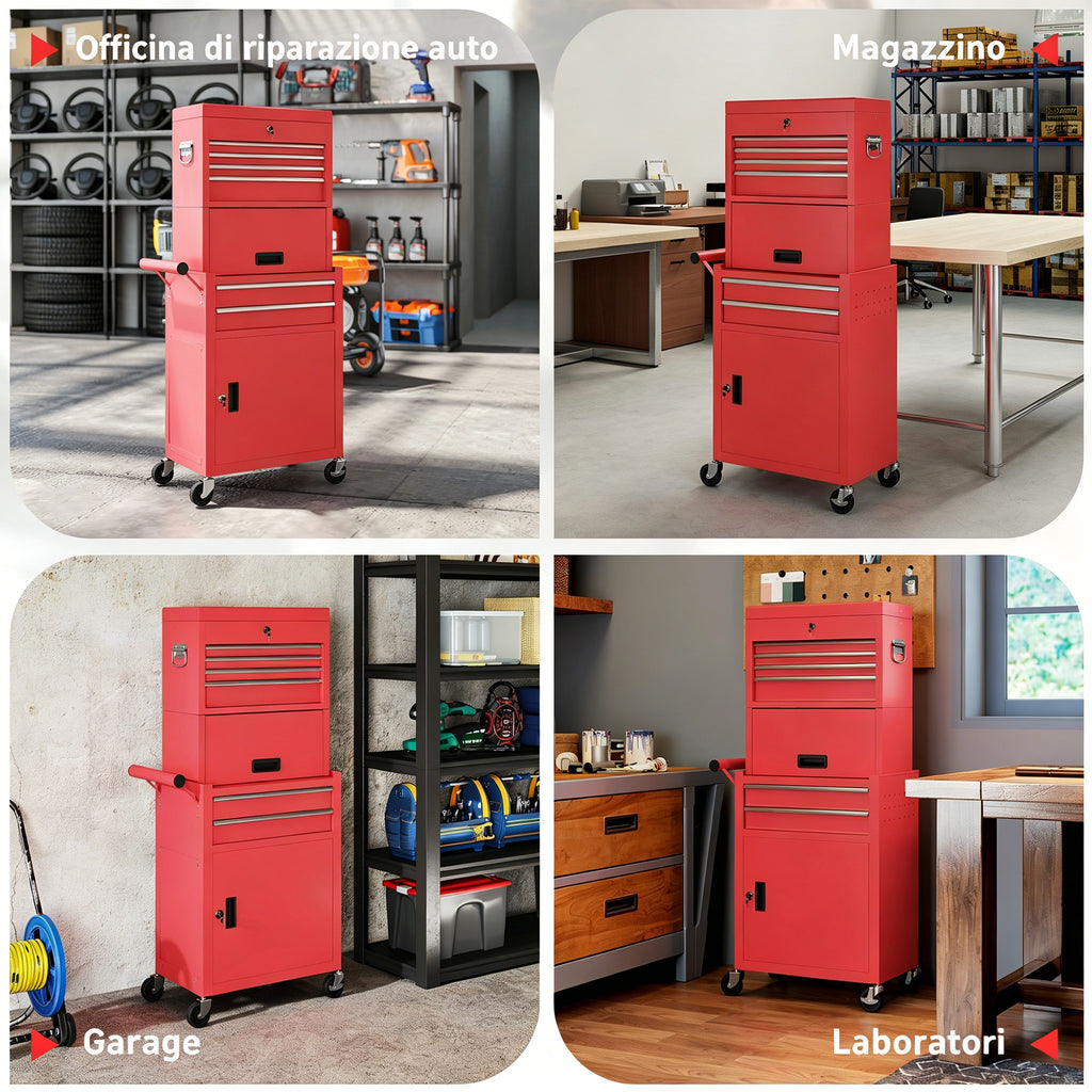 HOMCOM Steel Tool Cart with Lock, 6 Drawers, 2 Cabinets, Pegboard, Wheels and Handle, Red