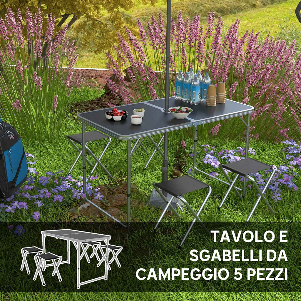 Outsunny Folding and Adjustable Camping Table Set with 4 Chairs and Umbrella Hole, Made of Aluminum and Wood, Black