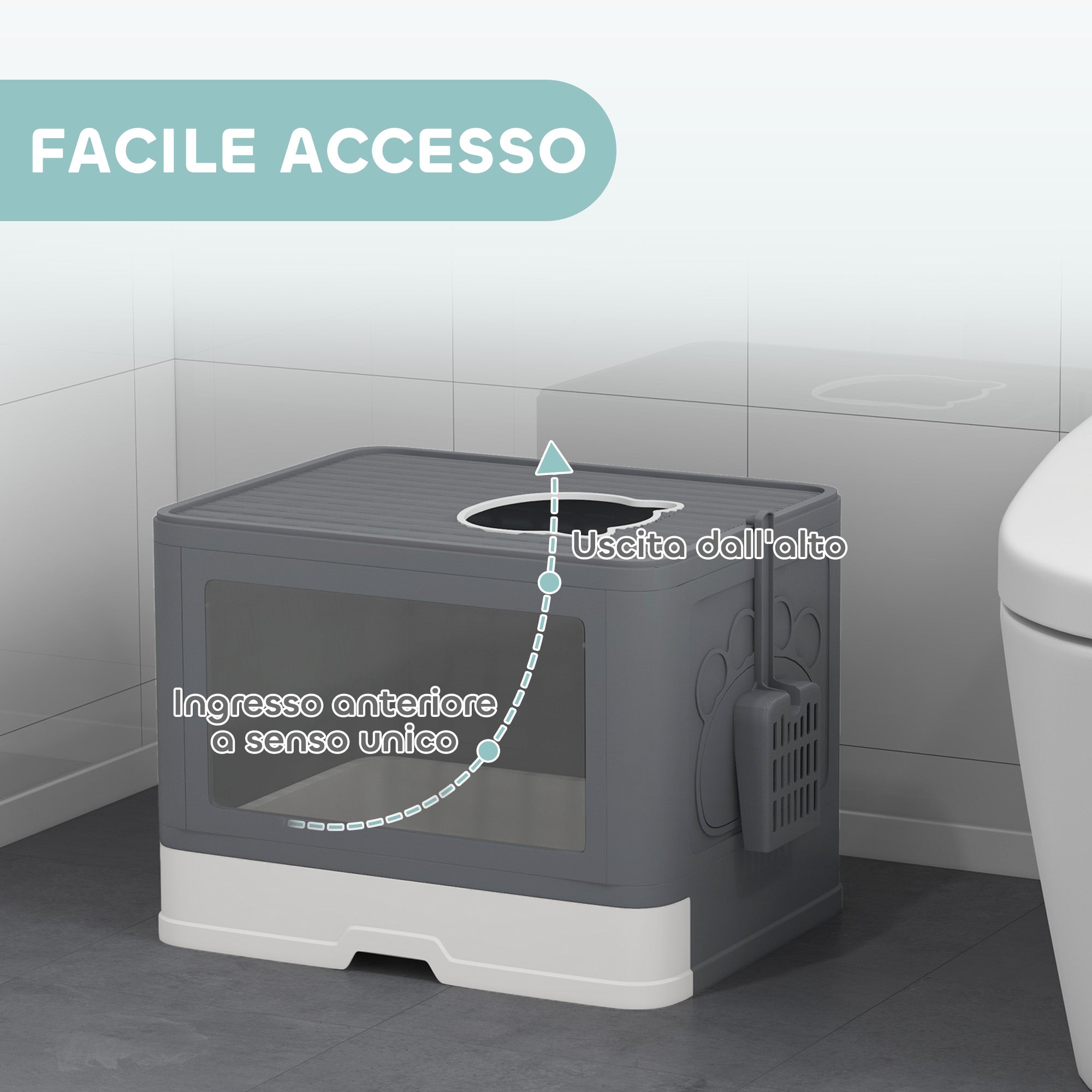 Enclosed Cat Litter Box with Lid and Double Entry, Removable Tray, Scoop and Brush, Grey