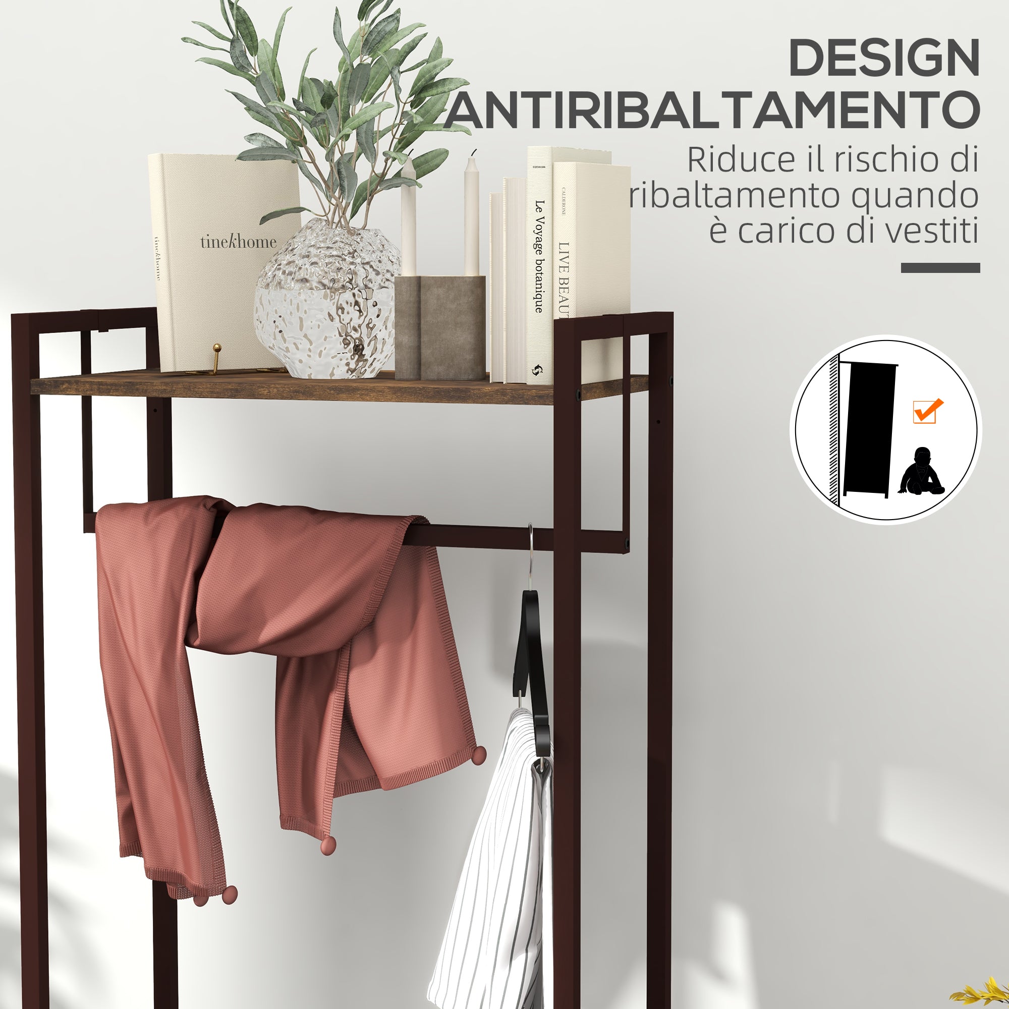 HOMCOM Floor Coat Hanger with Rod, 3 Drawers and Shelves, in MDF Wood and Steel, 58.5x30x178 cm, Brown - Borgè