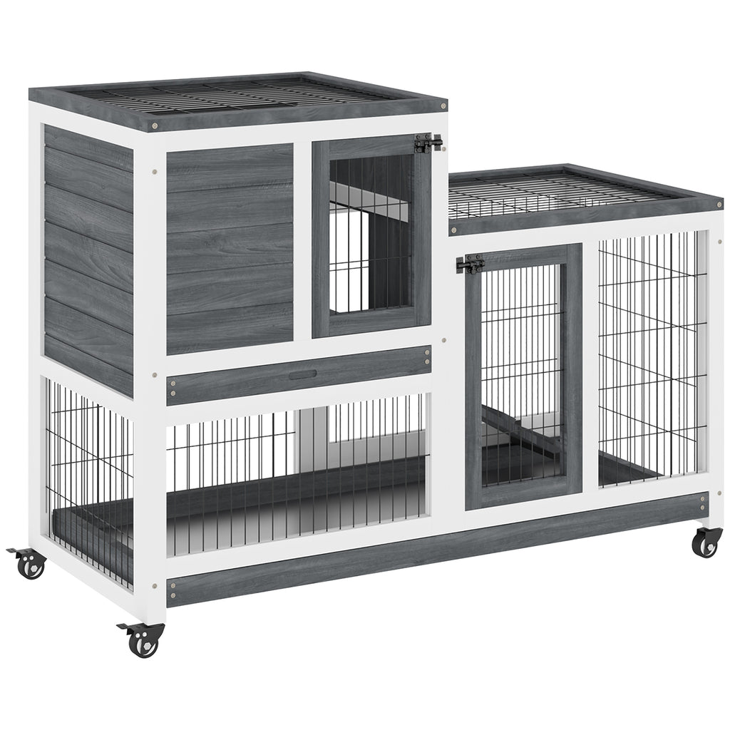 Wooden Rabbit Hutch with Wheels, Removable Trays and House with Ramp, 110x50x88 cm, Grey and White