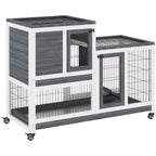 Wooden Rabbit Hutch with Wheels, Removable Trays and House with Ramp, 110x50x88 cm, Grey and White