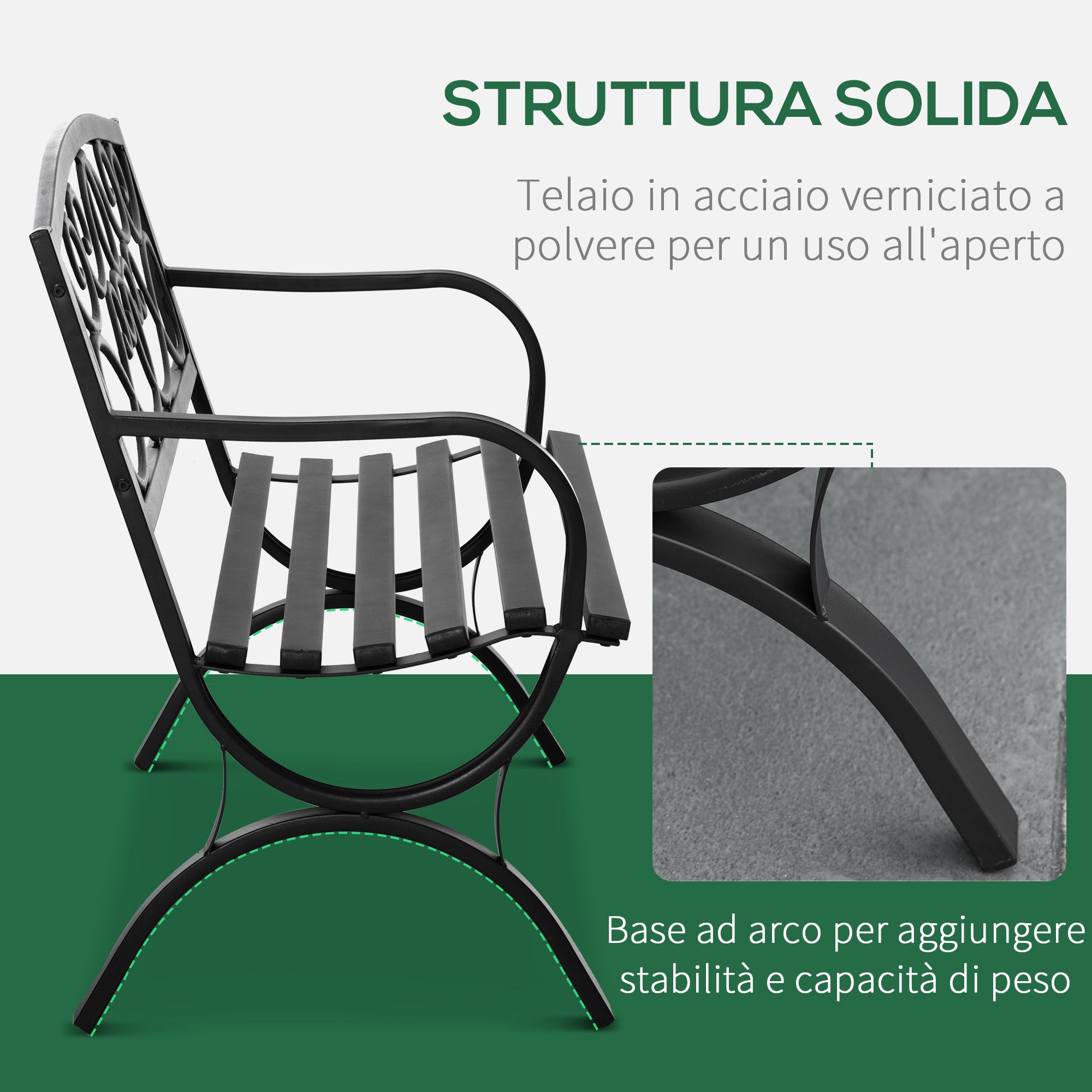 Outsunny 2-Seater Steel and Cast Iron Garden Bench with Armrests and Decoration, 128x58.5x85cm, Black