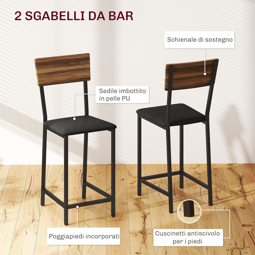 Folding Bar Counter and 2 High Stools with Backrest, Wine Rack and Glass Holder, Brown
