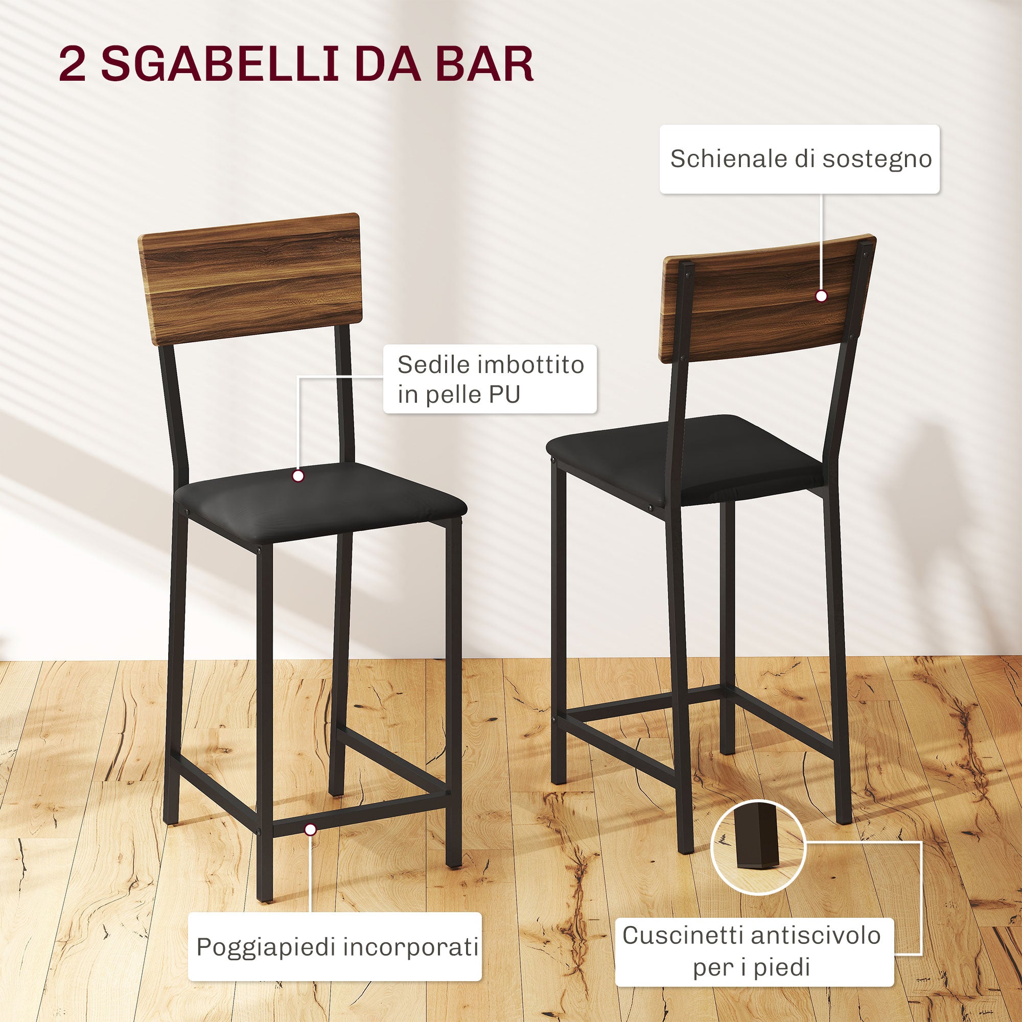 Folding Bar Counter and 2 High Stools with Backrest, Wine Rack and Glass Holder, Brown