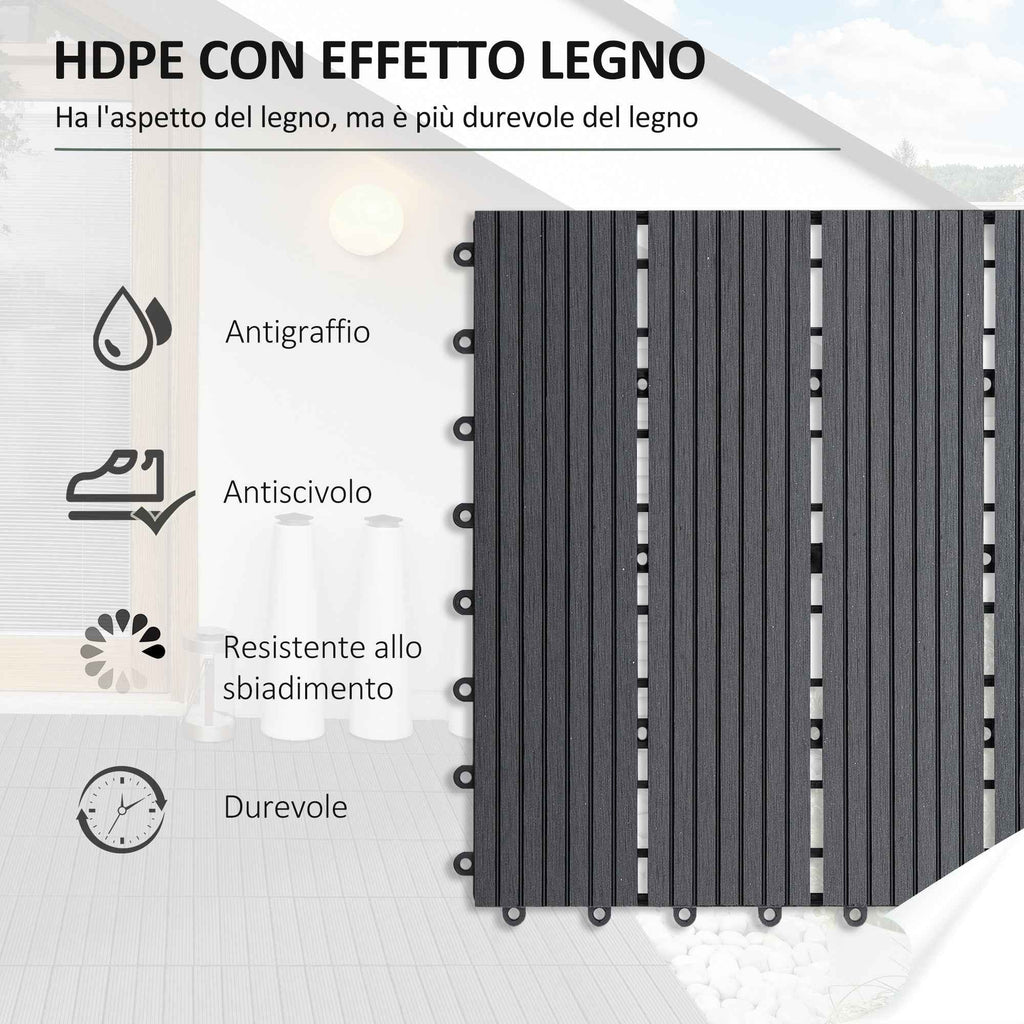 Outsunny Set of 11 Non-Slip Interlocking Outdoor Tiles in Recycled HDPE, 30x30x2.2 cm, Grey