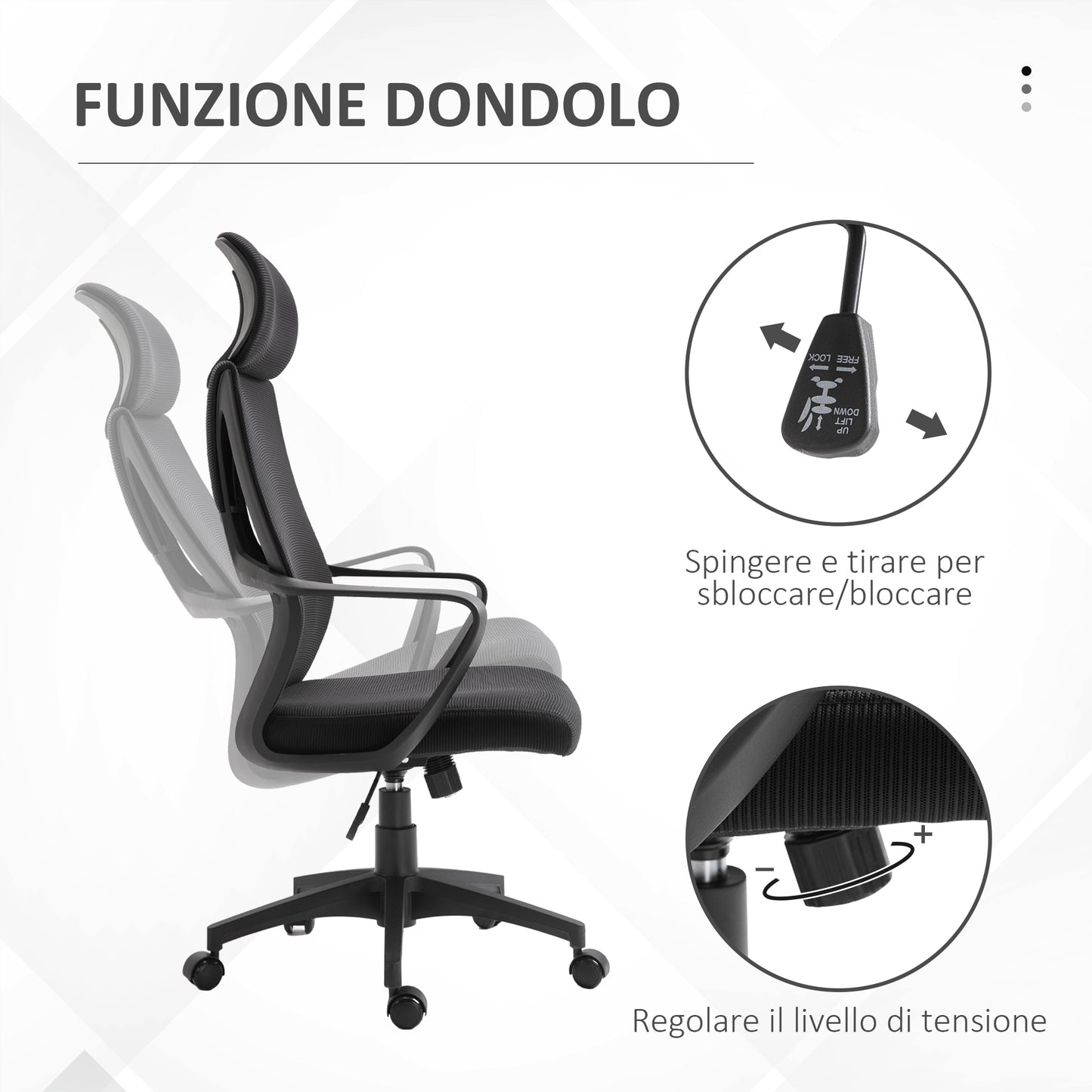 Reclining Office Chair with Headrest and Lumbar Support, Polyester, 64x55x116-126 cm, Black