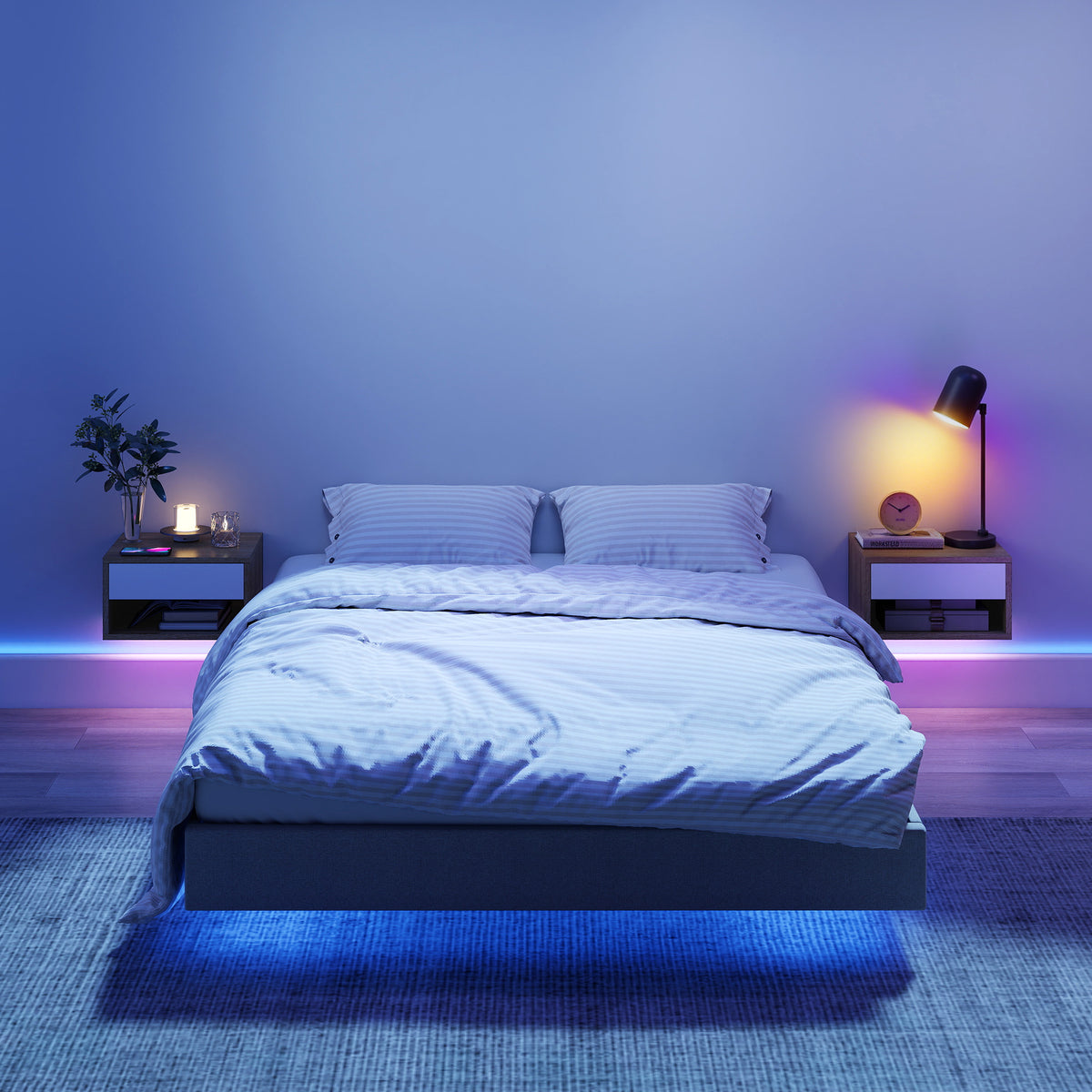 HOMCOM Set of 2 Wall-Mounted Bedside Tables with Built-in RGB LED Lights, Adjustable via APP, Drawer and Shelf, 37x32x21 cm, White Wood Color