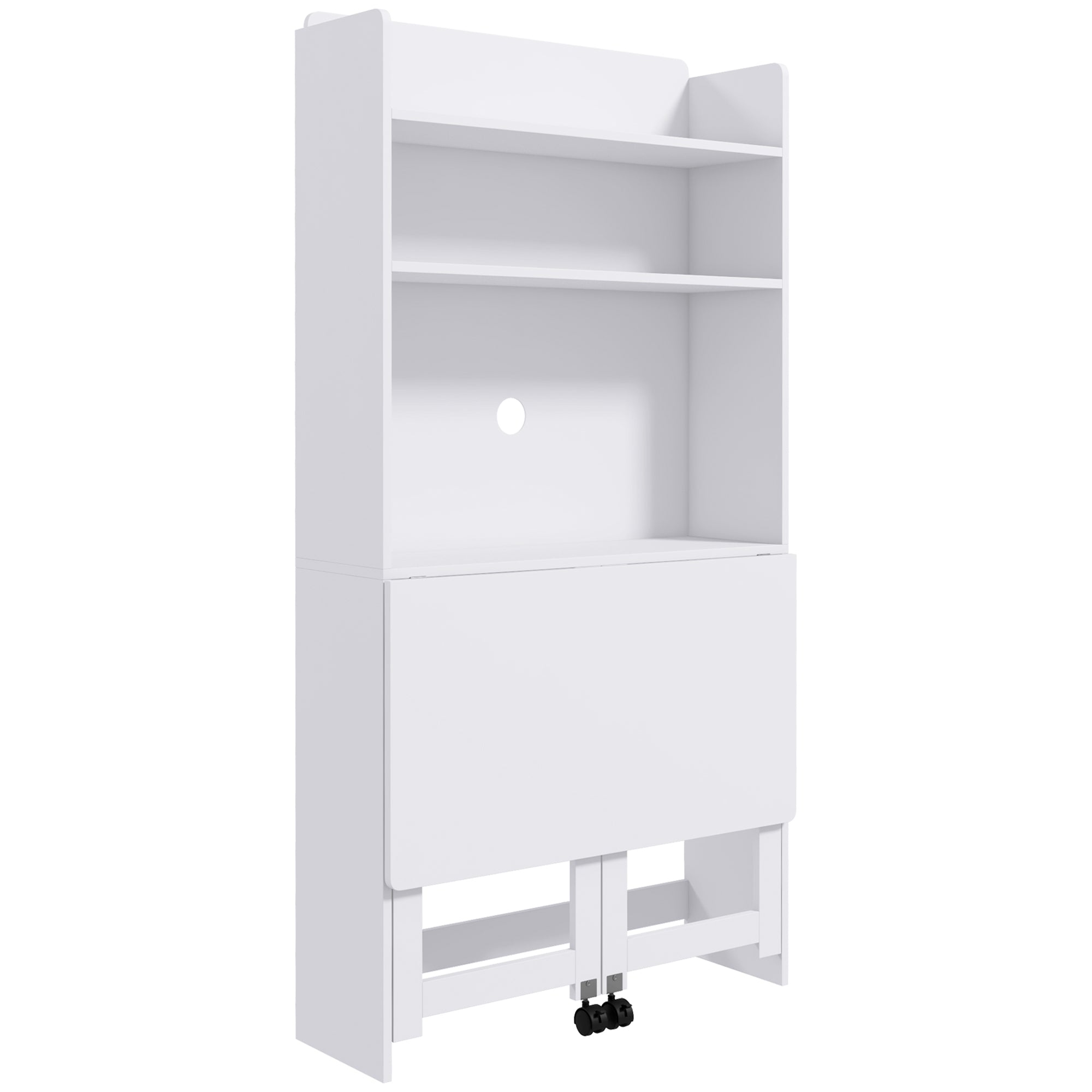 Folding Desk with 4-Tier Bookcase, 2 Wheels and Cable Hole, 80x69x155 cm, White