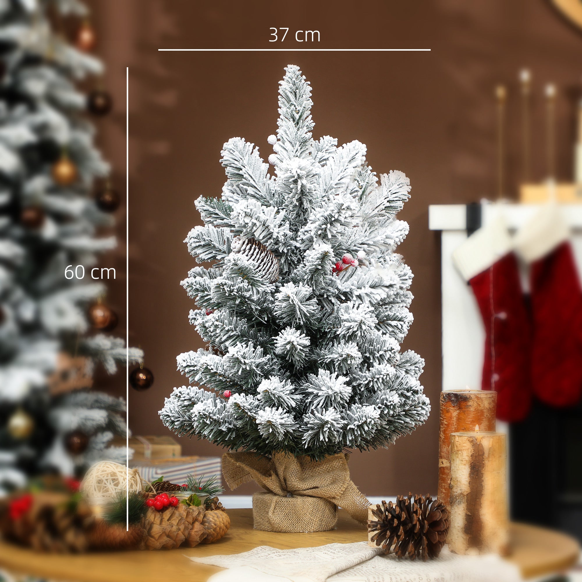 Small Christmas Tree 60cm Tall with 72 Snow-Covered Branches, Pine Cones and Red Berries, Green