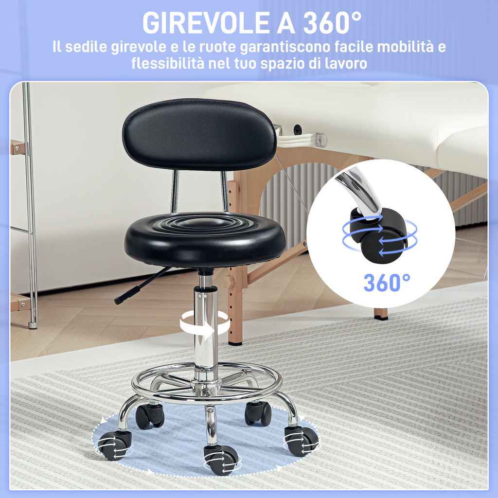 HOMCOM Adjustable 360° Swivel Stool with Backrest, Wheels and Footrest, in Steel, Faux Leather and Foam, Black