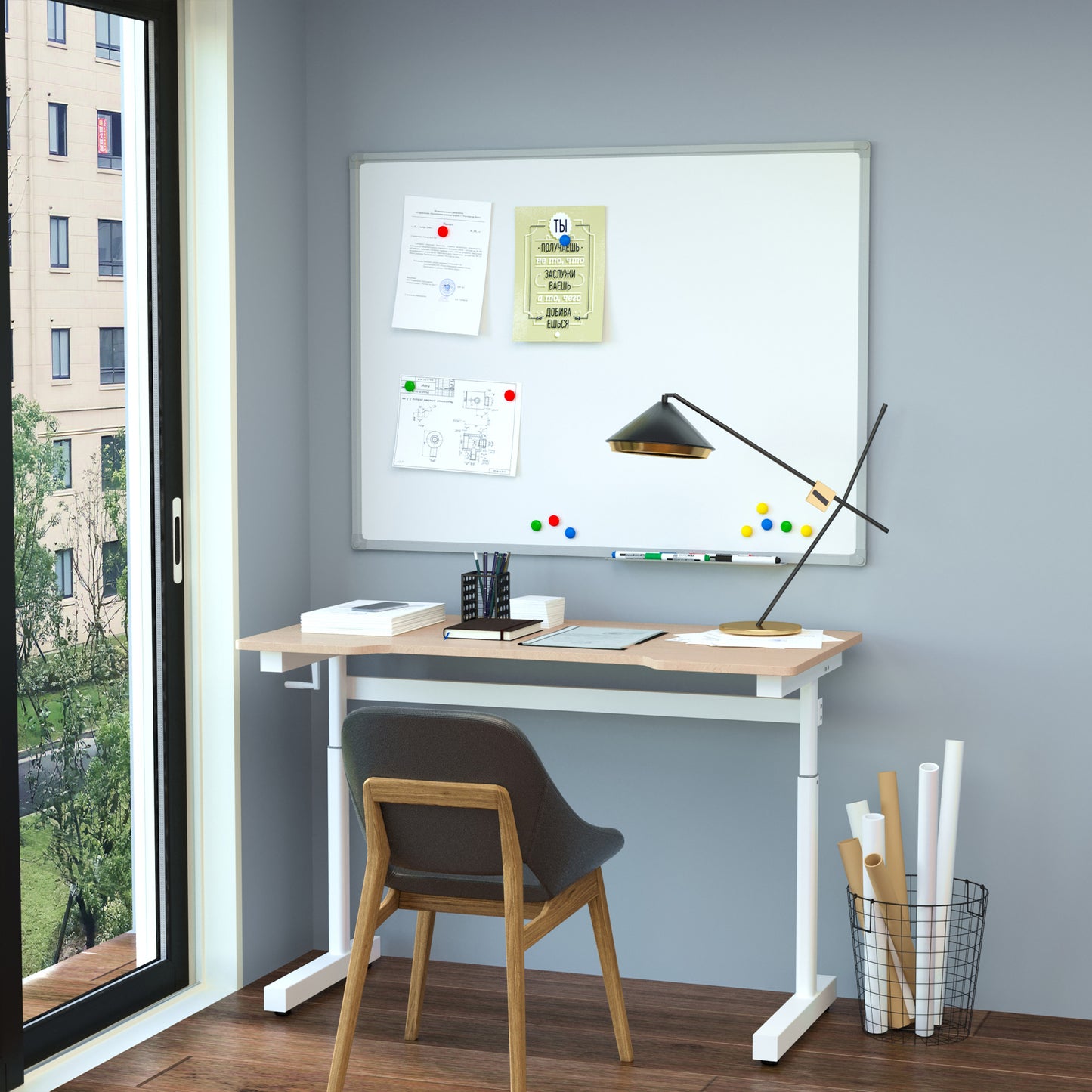 Height adjustable desk with manual craft adjustment, 120x60x72-117cm, white - Borgè