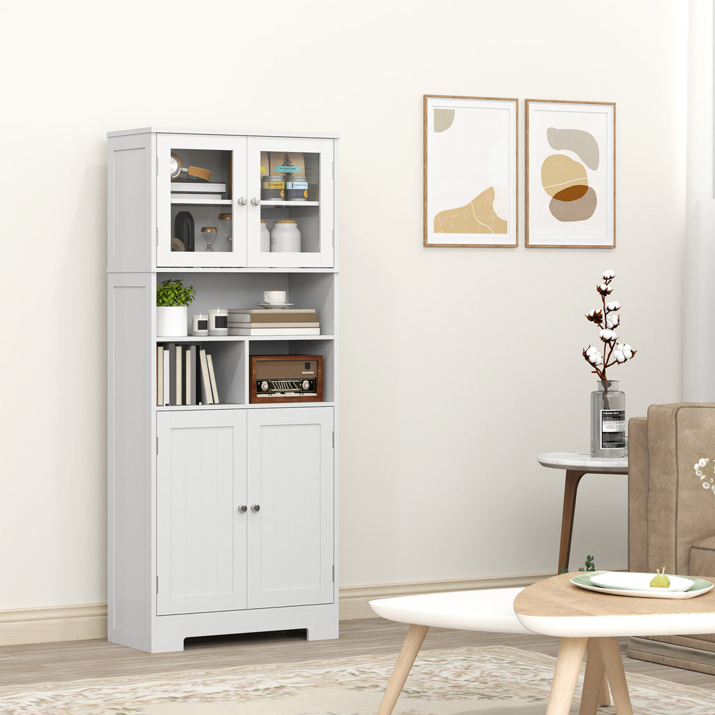 Kitchen Sideboard with 2 Cabinets and 3 Open Compartments, Glass Doors and Adjustable Shelves, 60x30x145.5 cm, White