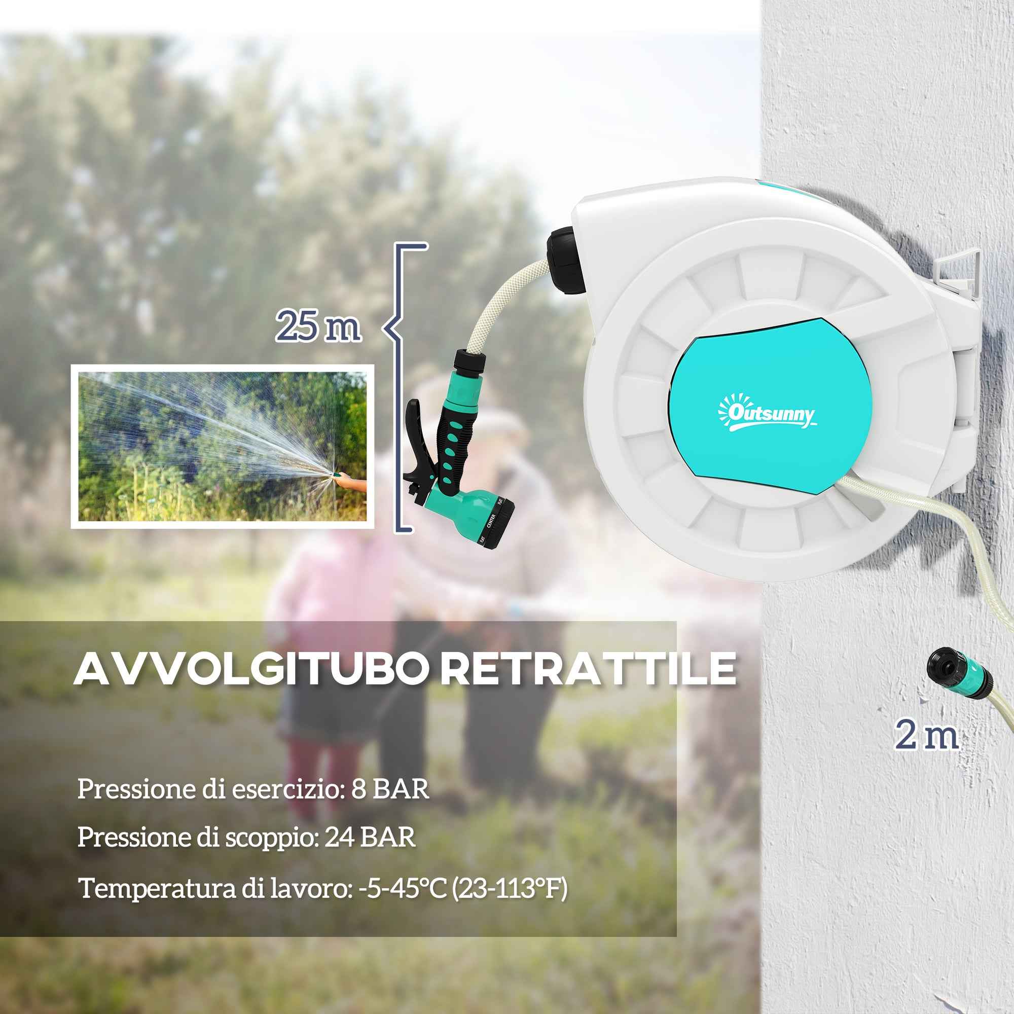 Outsunny Retractable Garden Hose Reel with 25+2m Water Hose and 7 Nozzles for Irrigation, Green and Light Grey