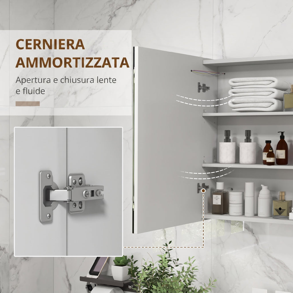 kleankin Bathroom Mirror Cabinet with LED Light, 80 x 65cm Bathroom Cabinet with Mirror, Soft Close Door, 3-Color Dimmable, Adjustable Shelves, Gloss White
