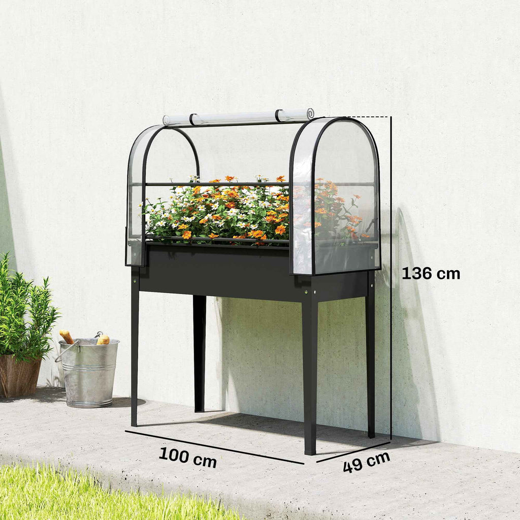 Outsunny Raised Vegetable Garden Bed with Mini Greenhouse Cover and Drainage Hole, 100x49x136 cm, Black