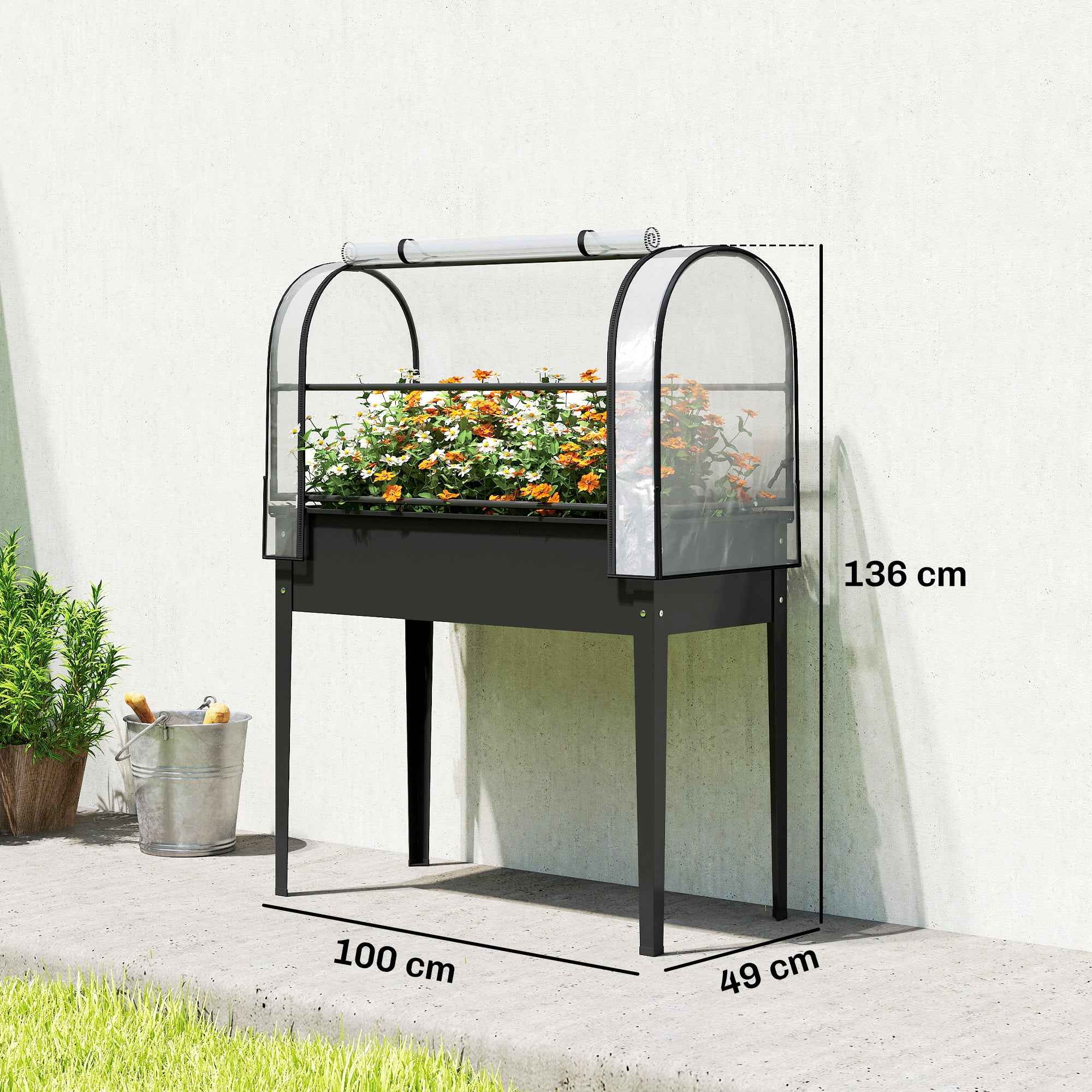 Outsunny Raised Vegetable Garden Bed with Mini Greenhouse Cover and Drainage Hole, 100x49x136 cm, Black