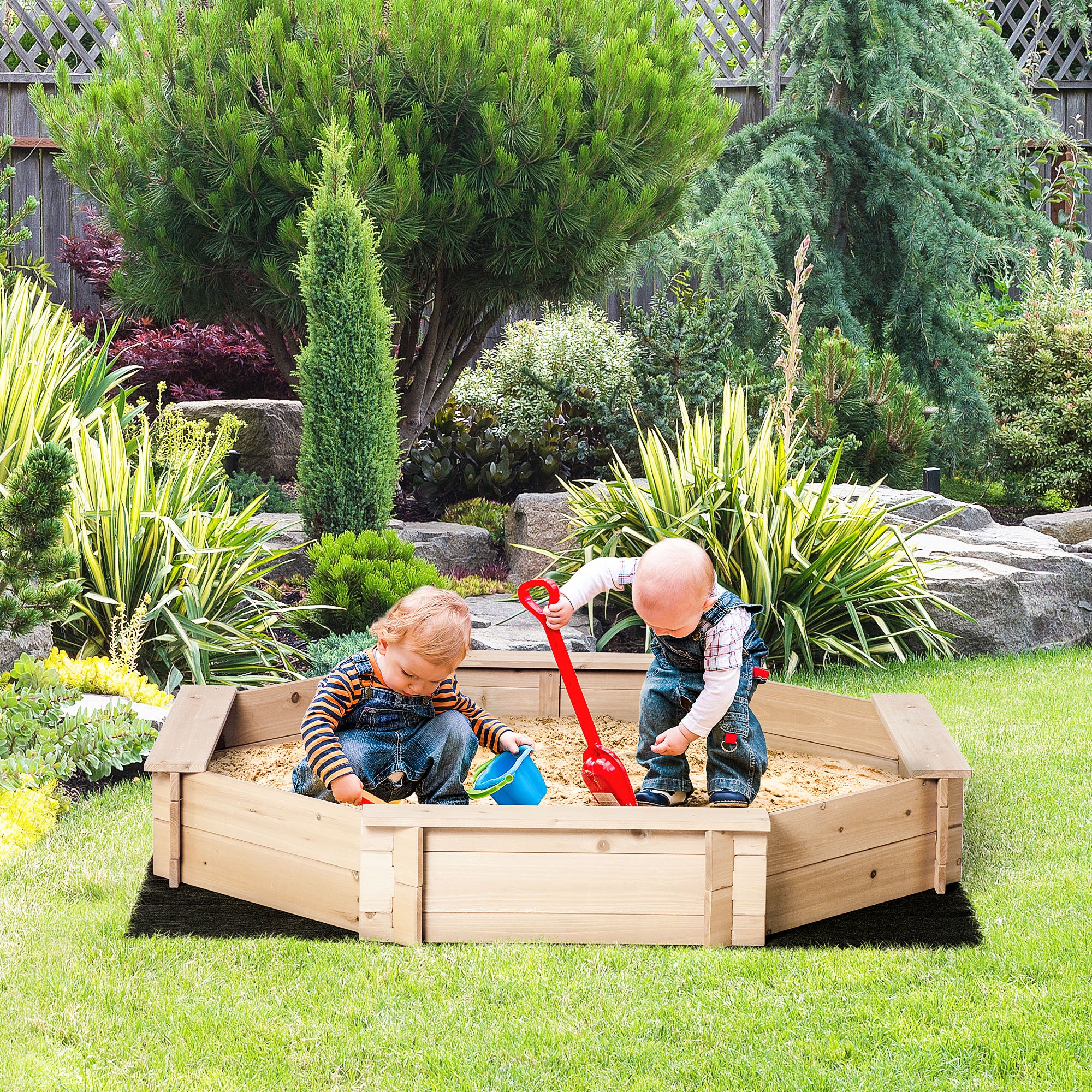 Children's Sandpit with Seats and Cover, Ages 3-8 Years, 139.5x139.5x21.5cm, Wood Color